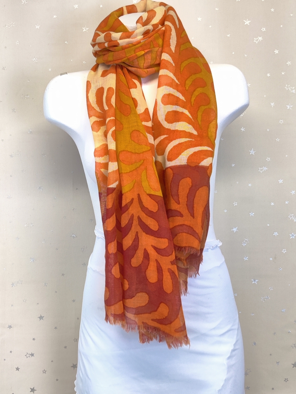 Oversized Scarf Wrap 100% Wool Orange Ivory Rust Botanical Print Fringe 29x70